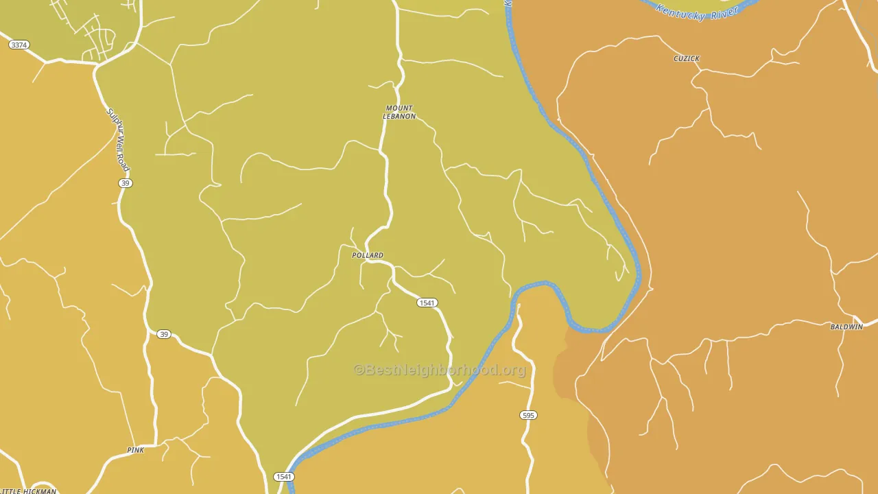 Map of the best neighborhoods in the Mount Lebanon area, with better matches in green and worse matches in red