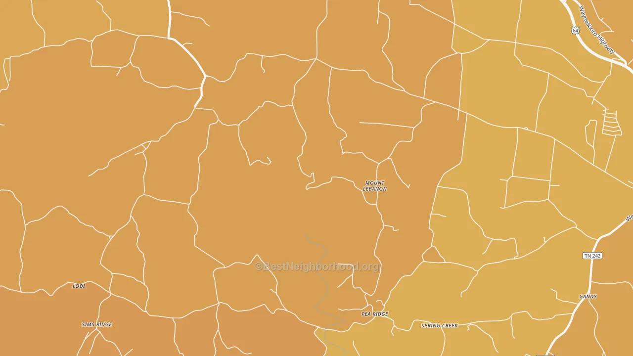 Map of the best neighborhoods in the Mount Lebanon area, with better matches in green and worse matches in red