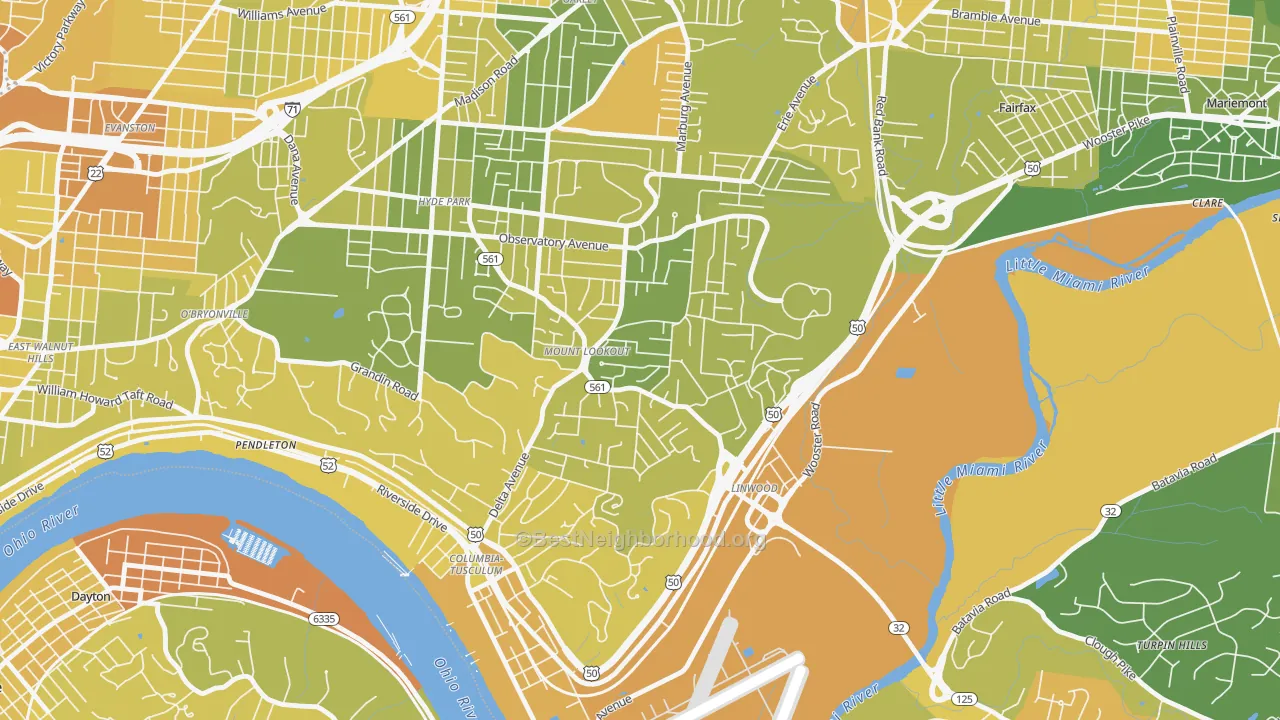 Map of the best neighborhoods in the Mount Lookout, Cincinnati area, with better matches in green and worse matches in red