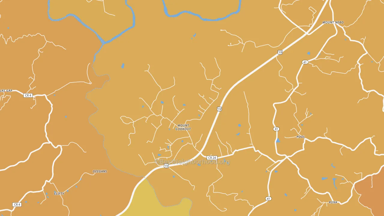 Map of the best neighborhoods in the Mount Lookout area, with better matches in green and worse matches in red