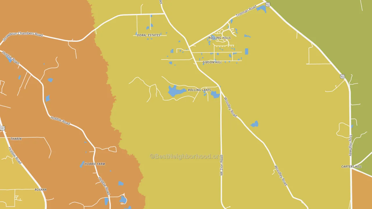 Map of the best neighborhoods in the Mount Meigs area, with better matches in green and worse matches in red