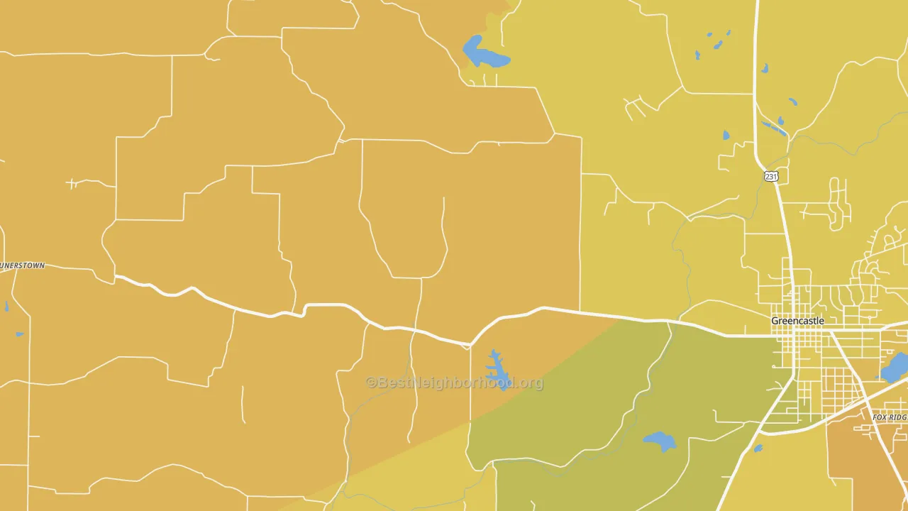 Map of the best neighborhoods in the Mount Meridian area, with better matches in green and worse matches in red
