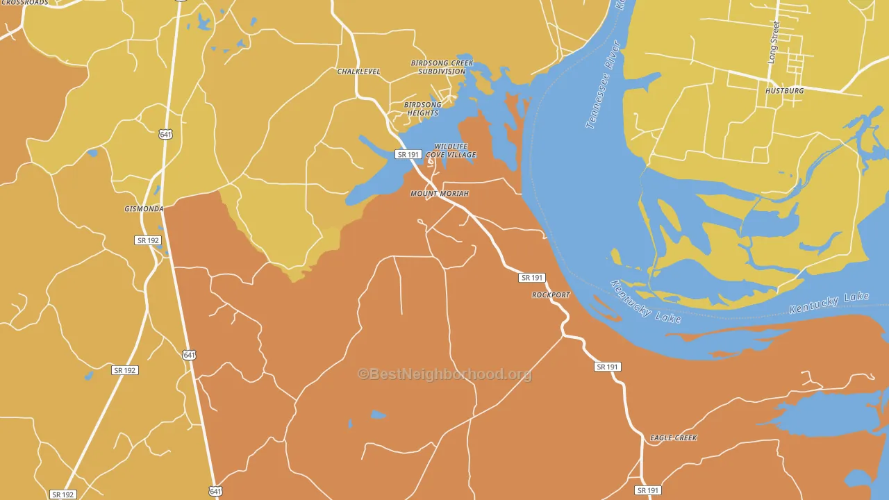 Map of the best neighborhoods in the Mount Moriah area, with better matches in green and worse matches in red