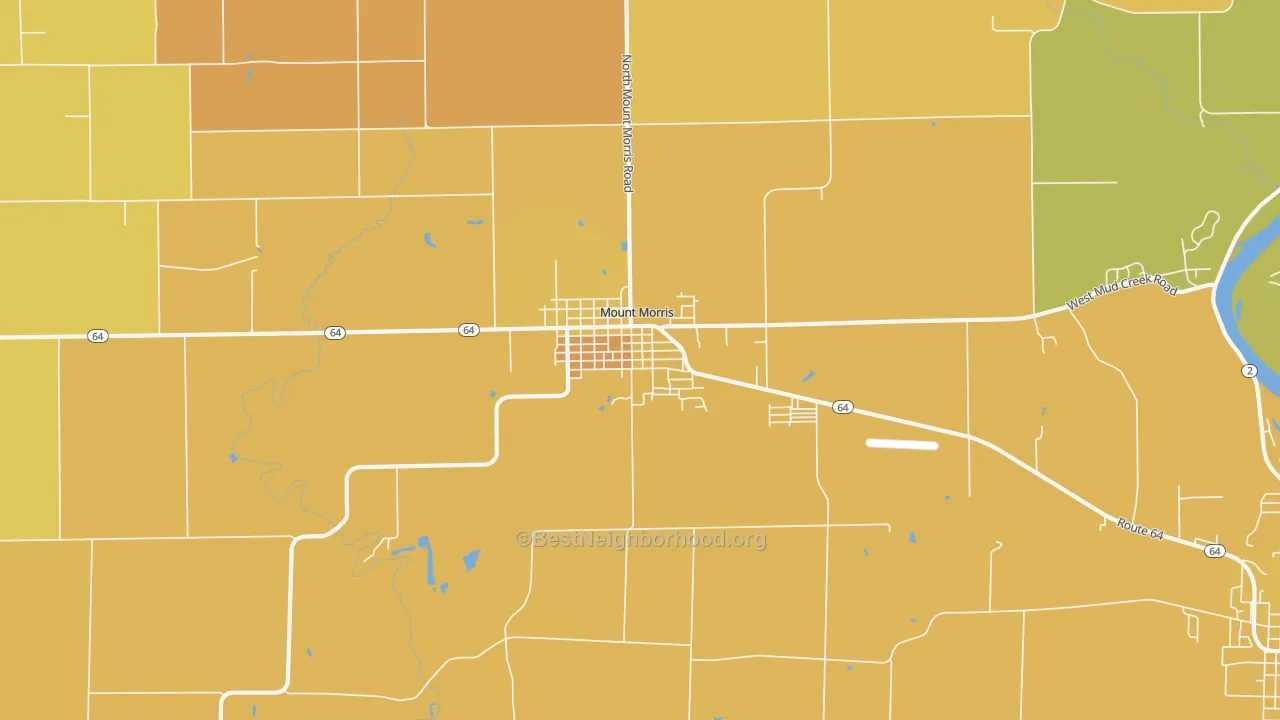 Map of the best neighborhoods in the Mount Morris area, with better matches in green and worse matches in red