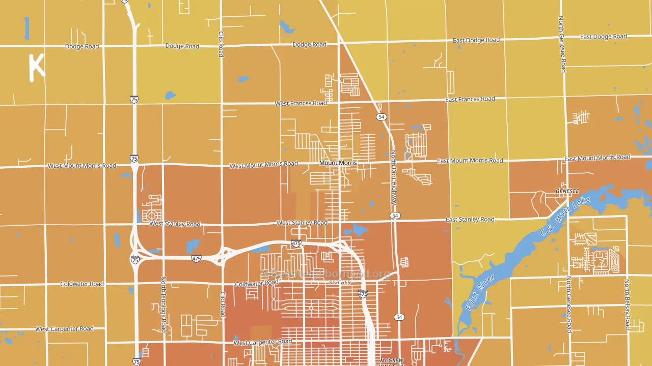 Map of the best neighborhoods in the Mount Morris area, with better matches in green and worse matches in red