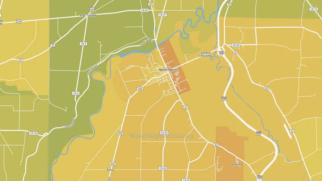 Map of the best neighborhoods in the Mount Morris area, with better matches in green and worse matches in red