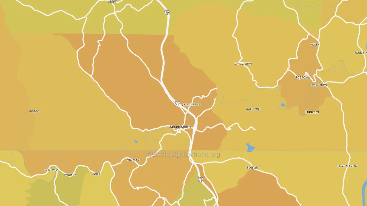 Map of the best neighborhoods in the Mount Morris area, with better matches in green and worse matches in red