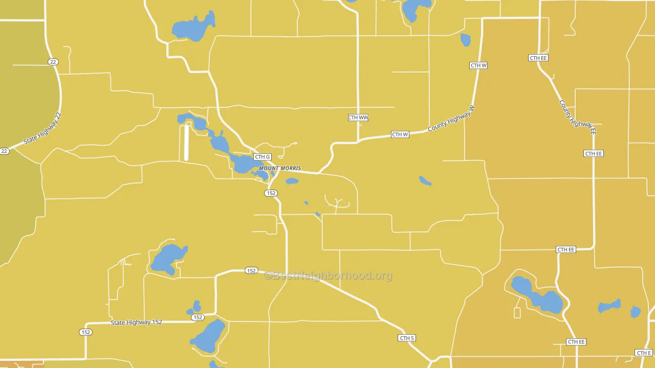 Map of the best neighborhoods in the Mount Morris area, with better matches in green and worse matches in red