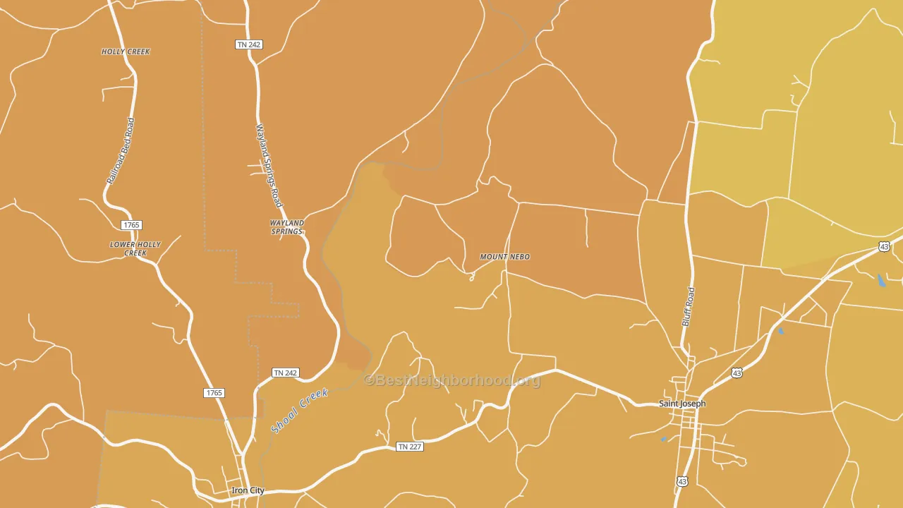 Map of the best neighborhoods in the Mount Nebo area, with better matches in green and worse matches in red