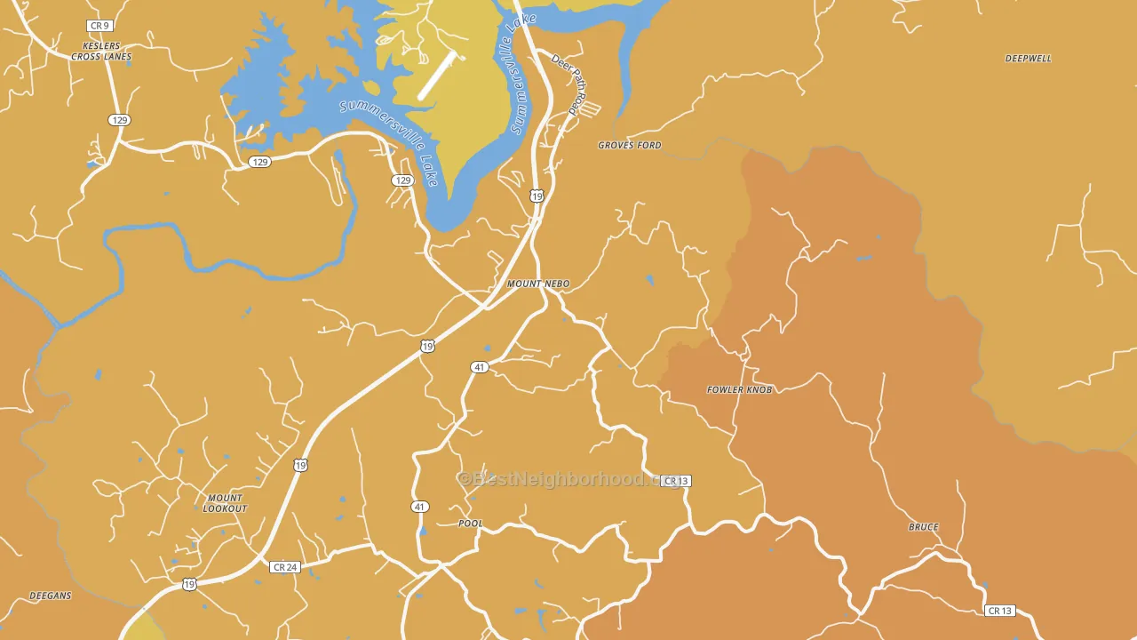 Map of the best neighborhoods in the Mount Nebo area, with better matches in green and worse matches in red