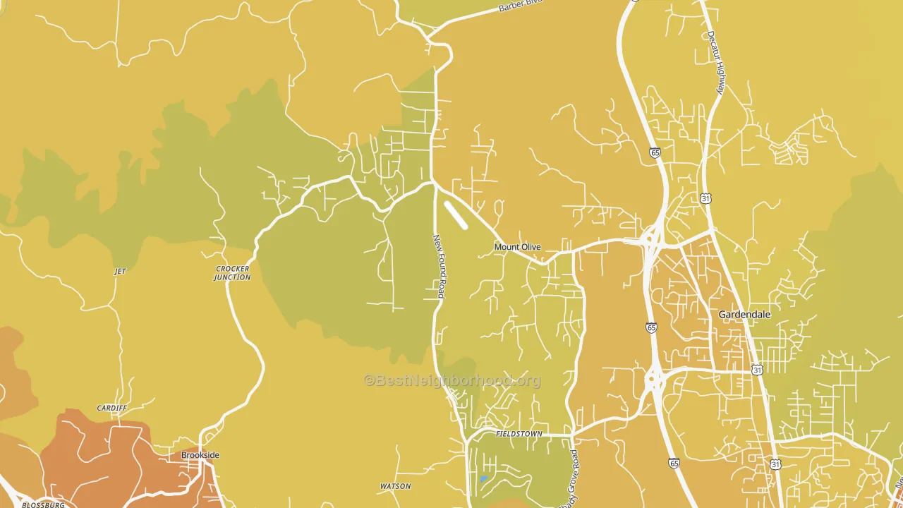 Map of the best neighborhoods in the Mount Olive area, with better matches in green and worse matches in red
