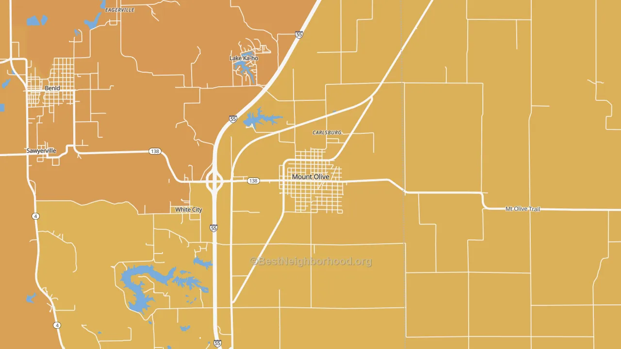 Map of the best neighborhoods in the Mount Olive area, with better matches in green and worse matches in red