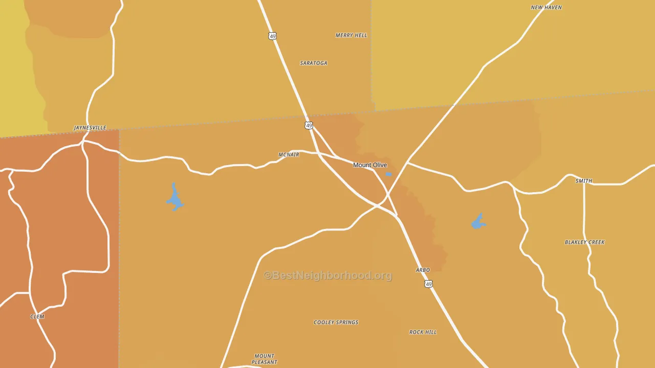 Map of the best neighborhoods in the Mount Olive area, with better matches in green and worse matches in red