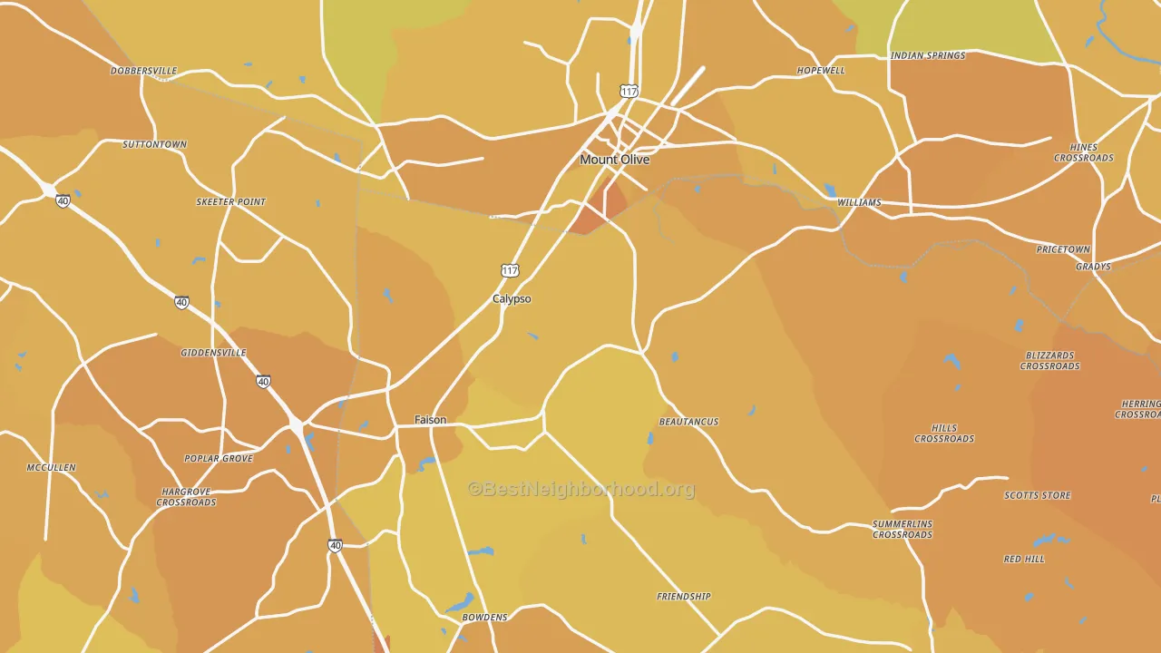 Map of the best neighborhoods in the Mount Olive area, with better matches in green and worse matches in red