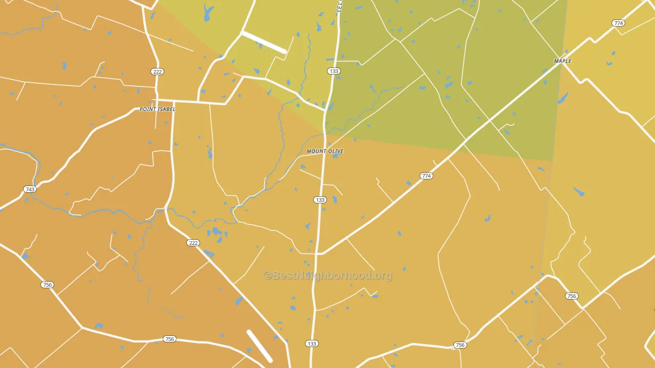 Map of the best neighborhoods in the Mount Olive area, with better matches in green and worse matches in red