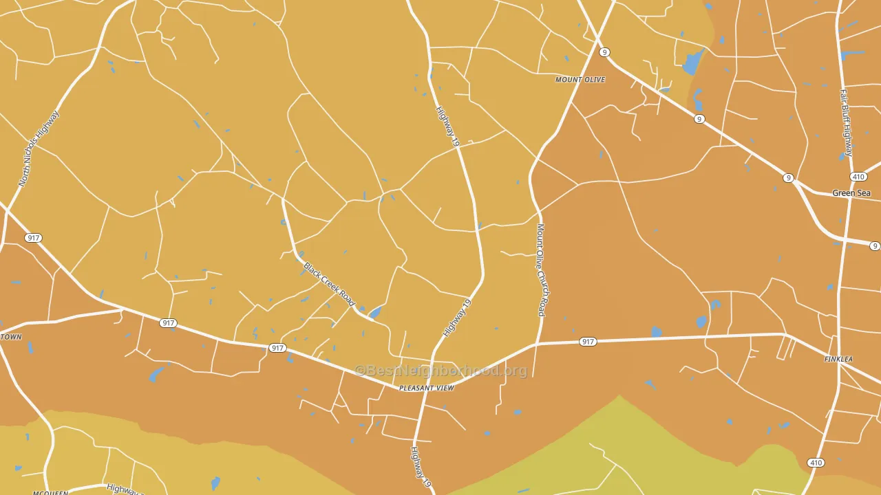 Map of the best neighborhoods in the Mount Olive area, with better matches in green and worse matches in red