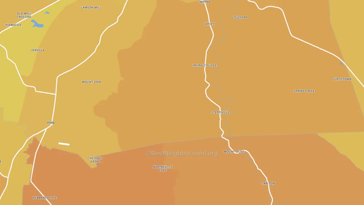 Map of the best neighborhoods in the Mount Olive area, with better matches in green and worse matches in red