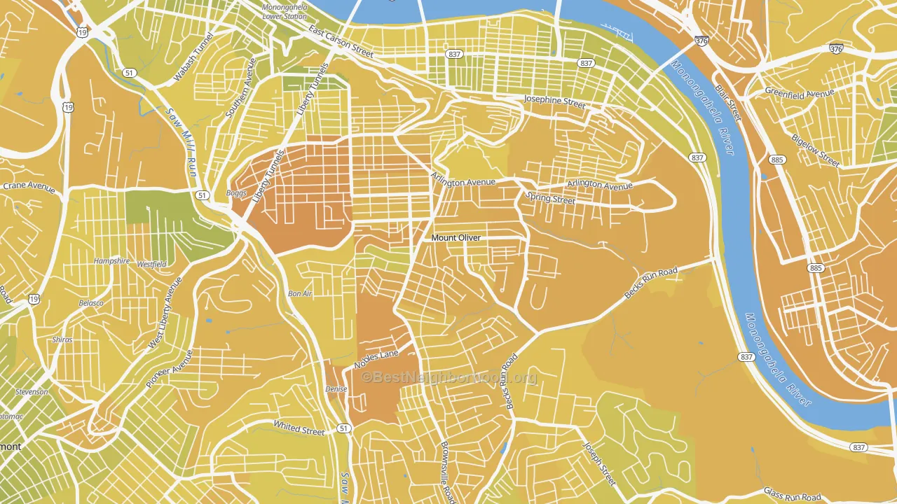 Map of the best neighborhoods in the Mount Oliver area, with better matches in green and worse matches in red