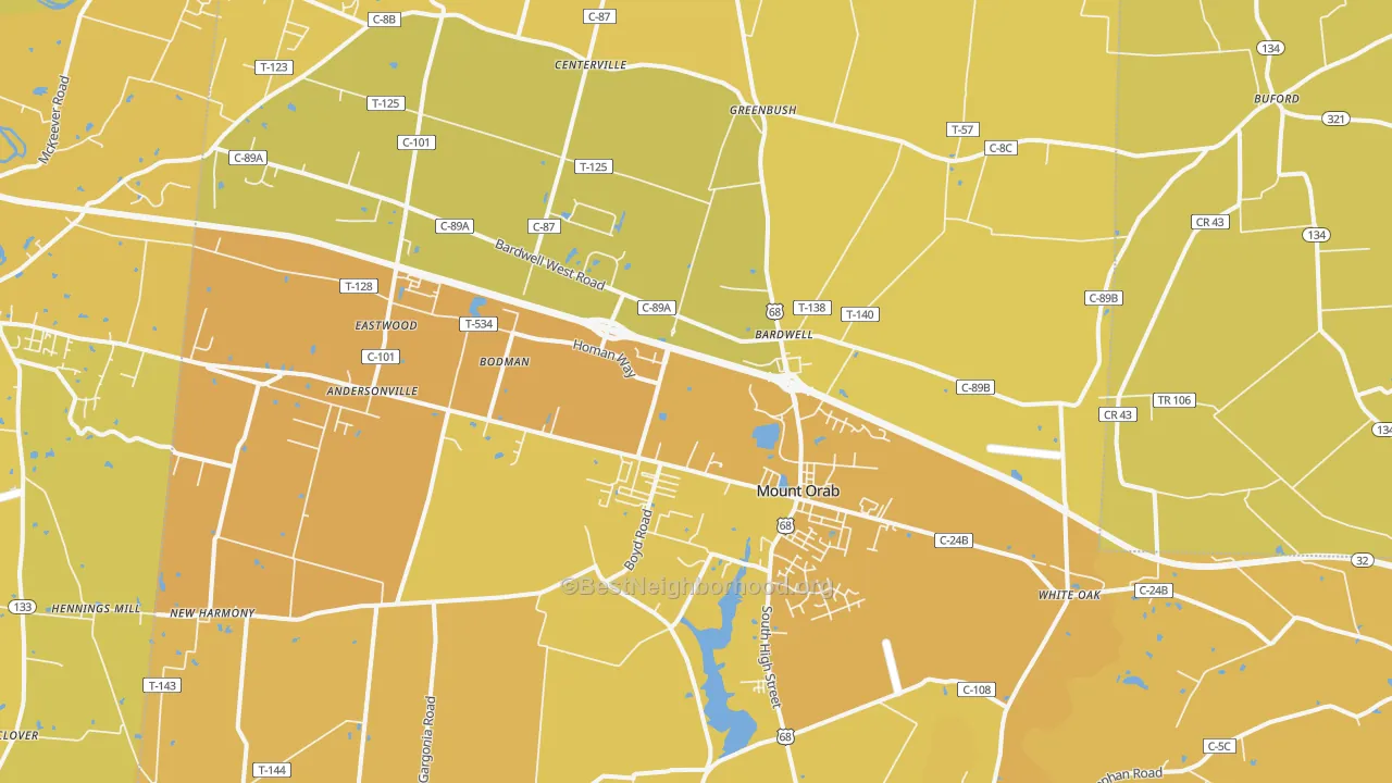 Map of the best neighborhoods in the Mount Orab area, with better matches in green and worse matches in red