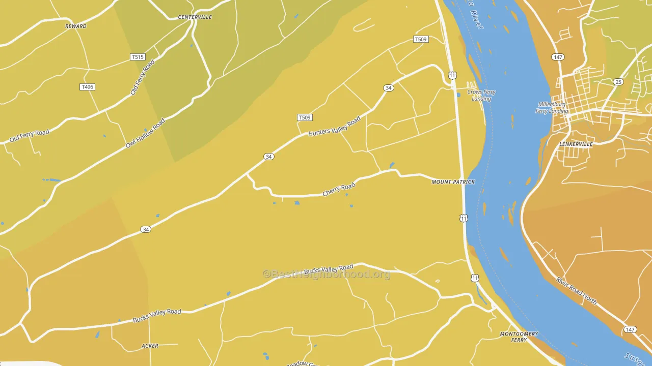 Map of the best neighborhoods in the Mount Patrick area, with better matches in green and worse matches in red