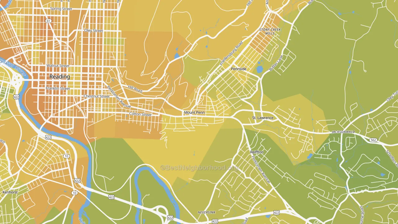 Map of the best neighborhoods in the Mount Penn area, with better matches in green and worse matches in red