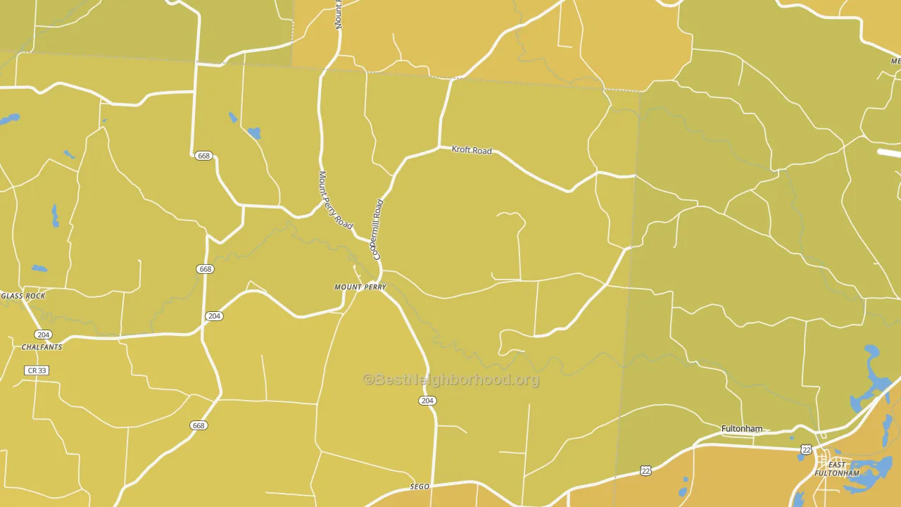 Map of the best neighborhoods in the Mount Perry area, with better matches in green and worse matches in red