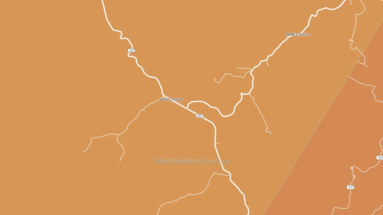 Map of the best neighborhoods in the Mount Pisgah area, with better matches in green and worse matches in red