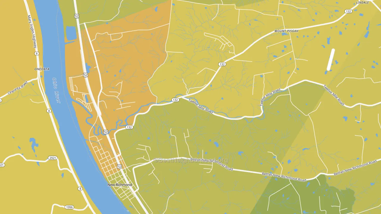 Map of the best neighborhoods in the Mount Pisgah area, with better matches in green and worse matches in red