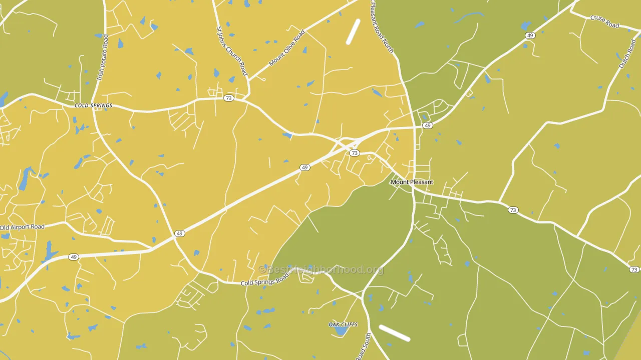 Map of the best neighborhoods in the Mount Pleasant Area, Mount Pleasant area, with better matches in green and worse matches in red