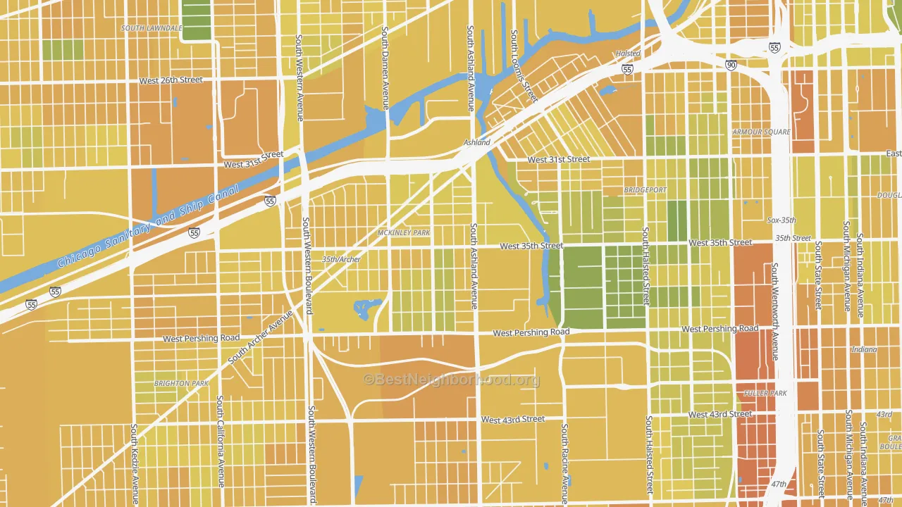 Map of the best neighborhoods in the Mount Pleasant, Chicago area, with better matches in green and worse matches in red