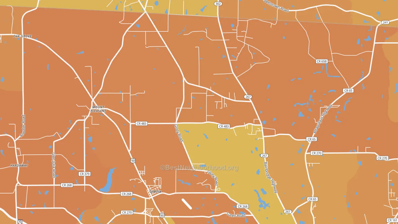 Map of the best neighborhoods in the Mount Pleasant area, with better matches in green and worse matches in red
