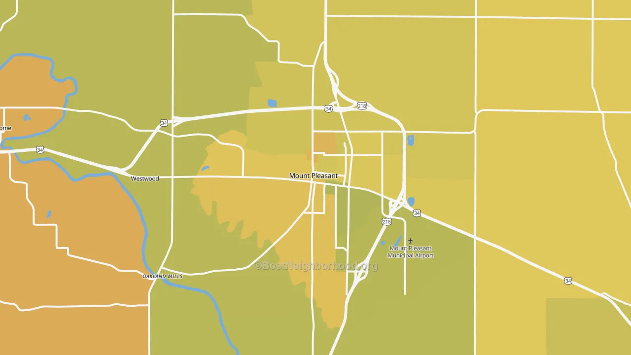 Map of the best neighborhoods in the Mount Pleasant area, with better matches in green and worse matches in red
