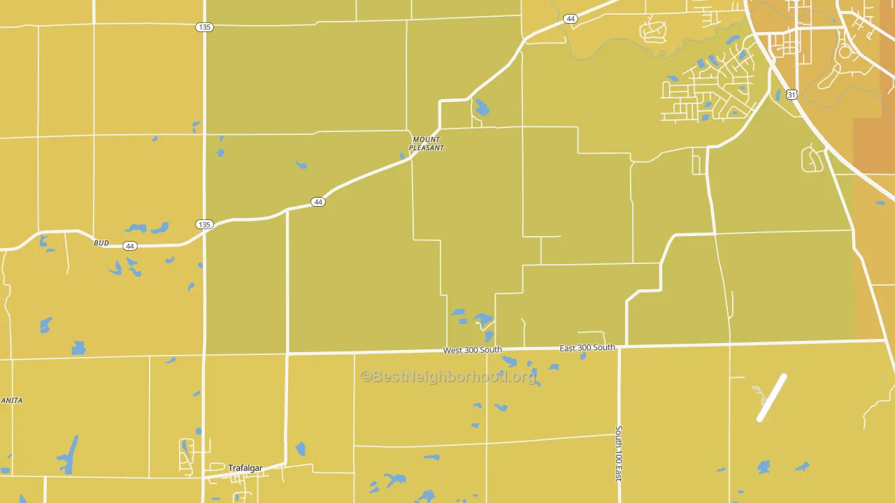 Map of the best neighborhoods in the Mount Pleasant area, with better matches in green and worse matches in red