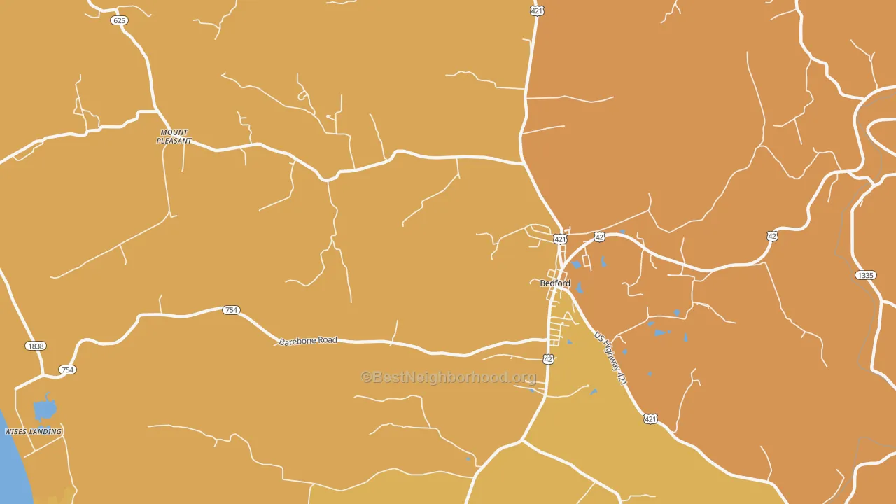 Map of the best neighborhoods in the Mount Pleasant area, with better matches in green and worse matches in red