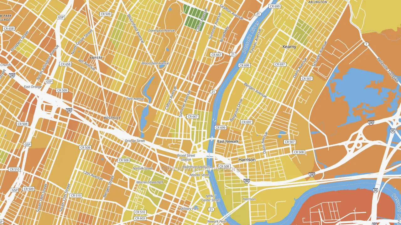Map of the best neighborhoods in the Mount Pleasant-Lower Broadway, Newark area, with better matches in green and worse matches in red