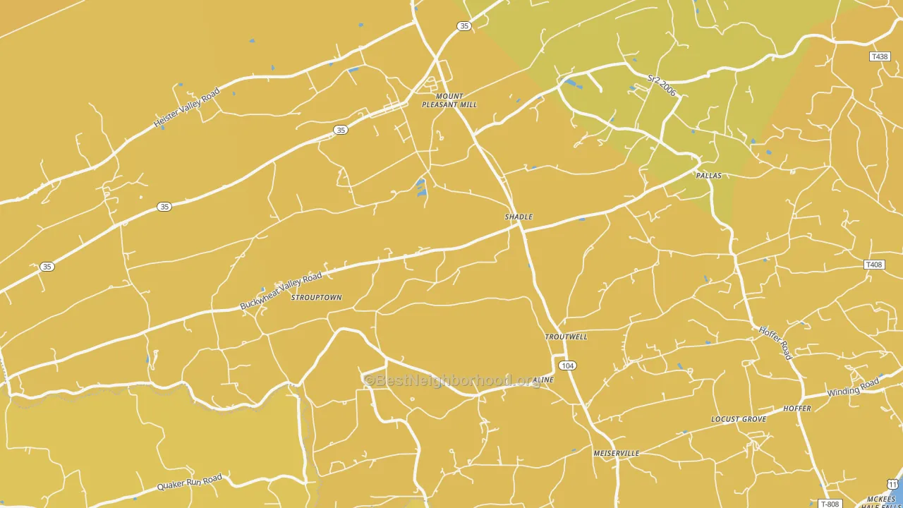 Map of the best neighborhoods in the Mount Pleasant Mills area, with better matches in green and worse matches in red