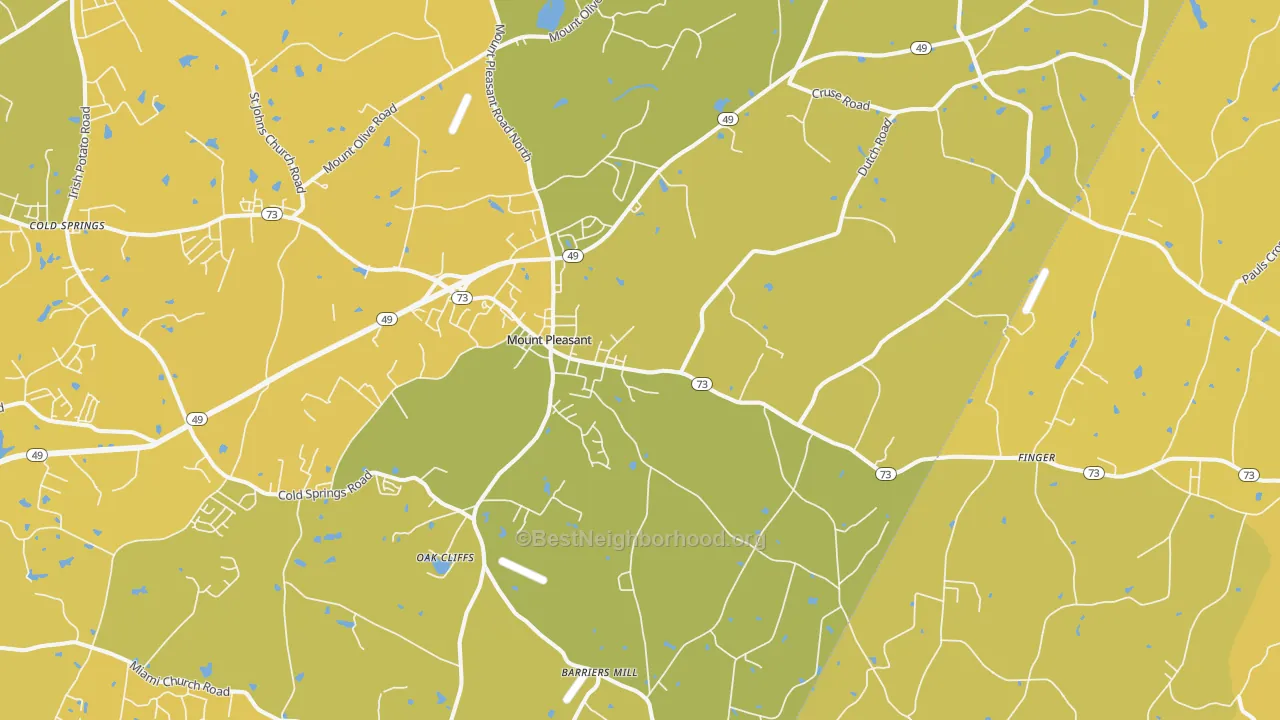 Map of the best neighborhoods in the Mount Pleasant area, with better matches in green and worse matches in red