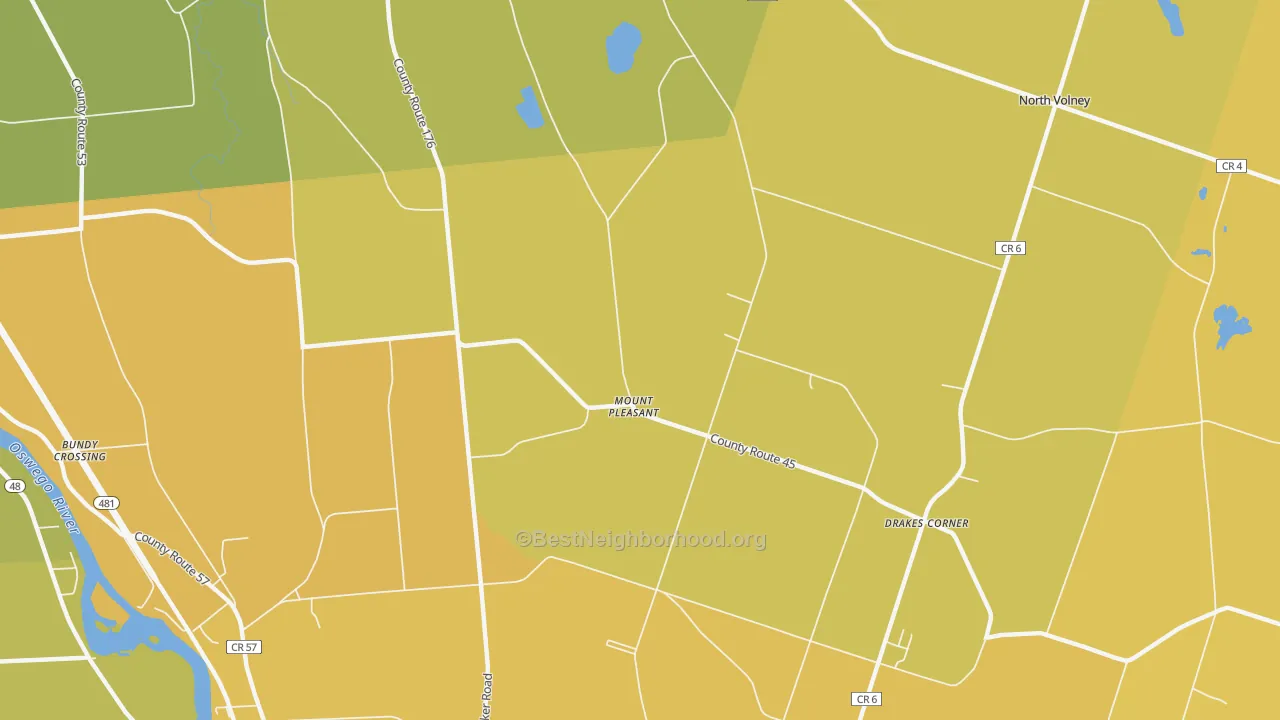 Map of the best neighborhoods in the Mount Pleasant area, with better matches in green and worse matches in red