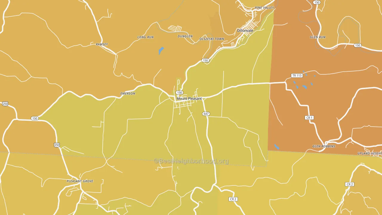 Map of the best neighborhoods in the Mount Pleasant area, with better matches in green and worse matches in red