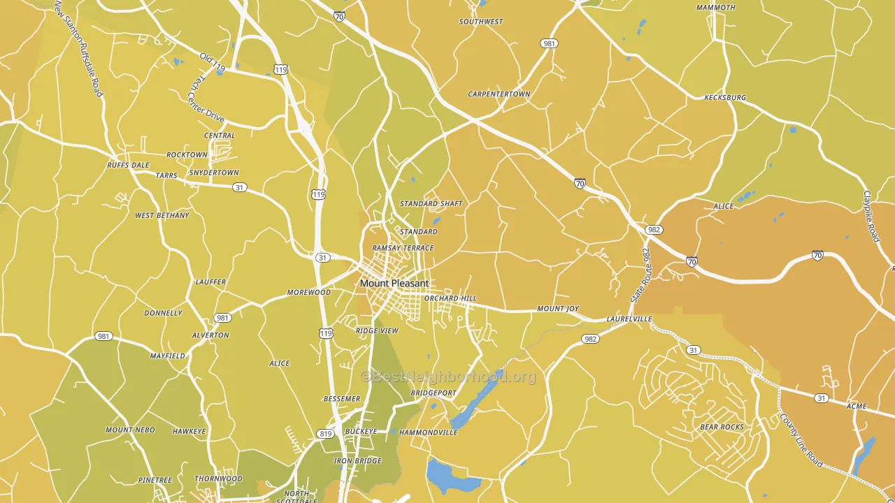 Map of the best neighborhoods in the Mount Pleasant area, with better matches in green and worse matches in red