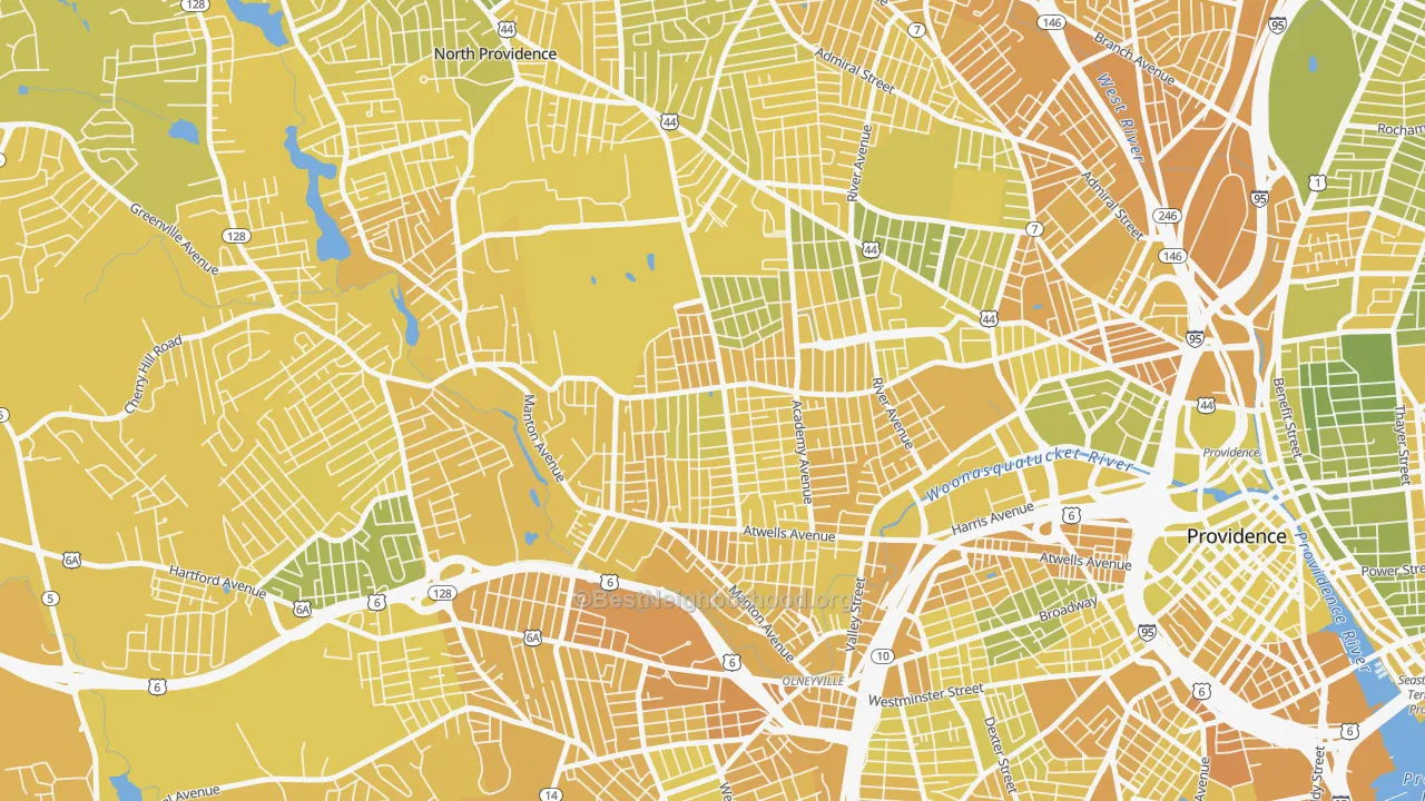 Map of the best neighborhoods in the Mount Pleasant, Providence area, with better matches in green and worse matches in red