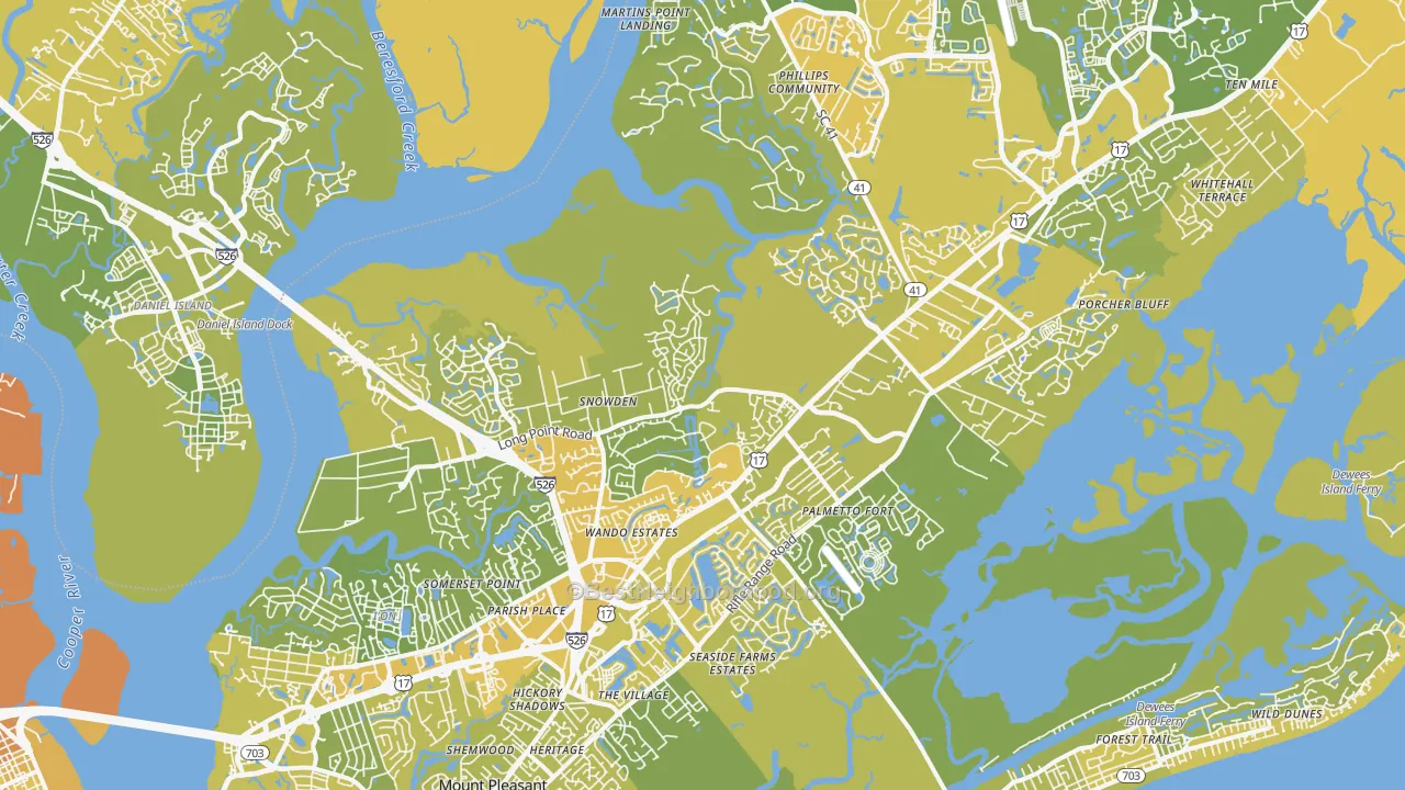 Map of the best neighborhoods in the Mount Pleasant area, with better matches in green and worse matches in red
