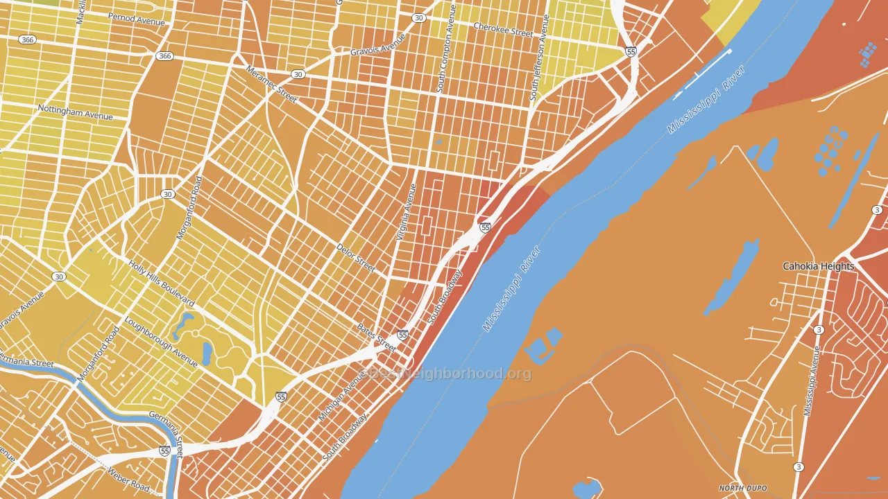 Map of the best neighborhoods in the Mount Pleasant, St. Louis area, with better matches in green and worse matches in red
