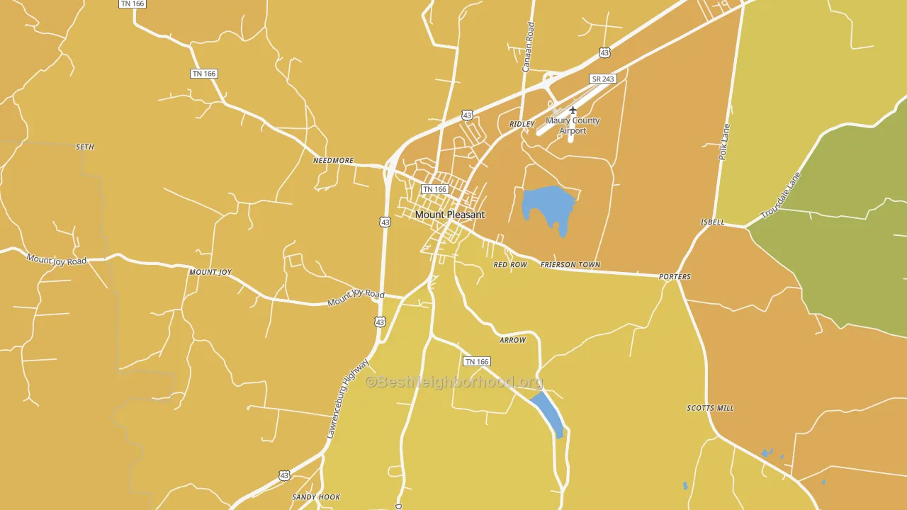 Map of the best neighborhoods in the Mount Pleasant area, with better matches in green and worse matches in red