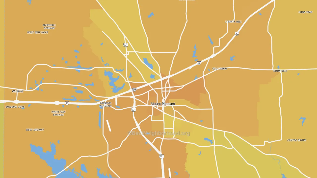 Map of the best neighborhoods in the Mount Pleasant area, with better matches in green and worse matches in red