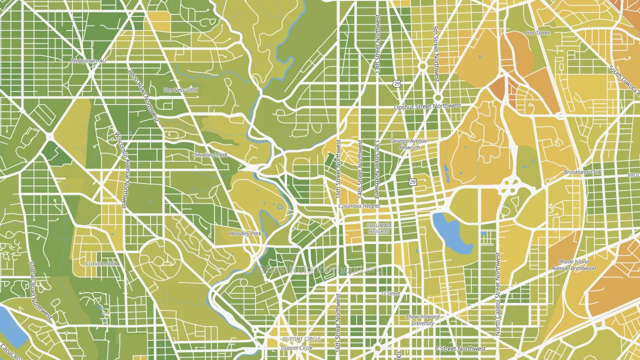 Map of the best neighborhoods in the Mount Pleasant, Washington area, with better matches in green and worse matches in red