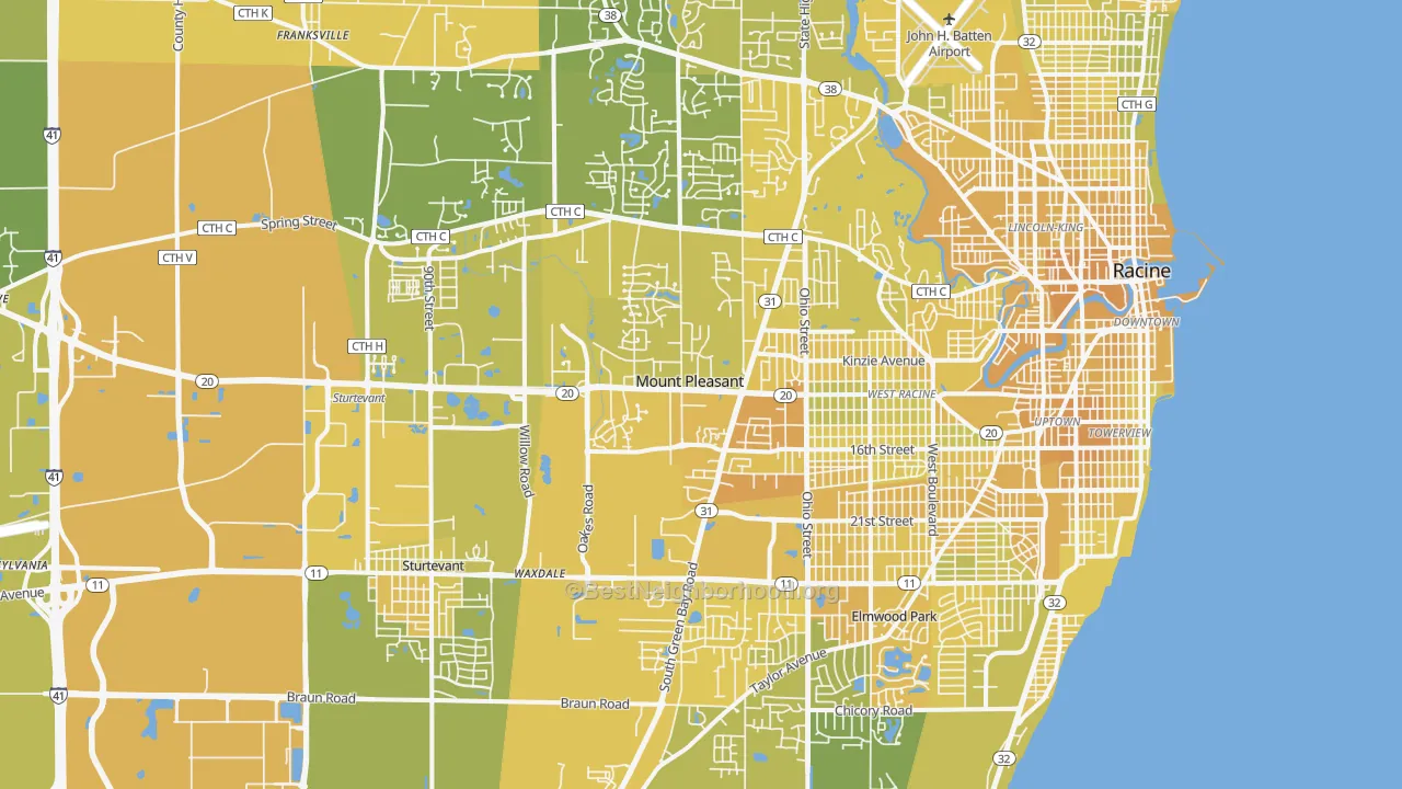 Map of the best neighborhoods in the Mount Pleasant area, with better matches in green and worse matches in red