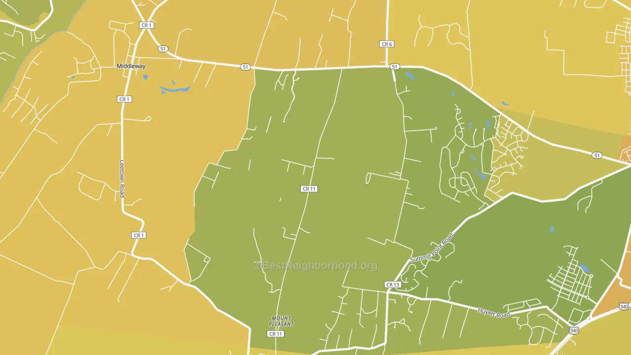 Map of the best neighborhoods in the Mount Pleasant area, with better matches in green and worse matches in red