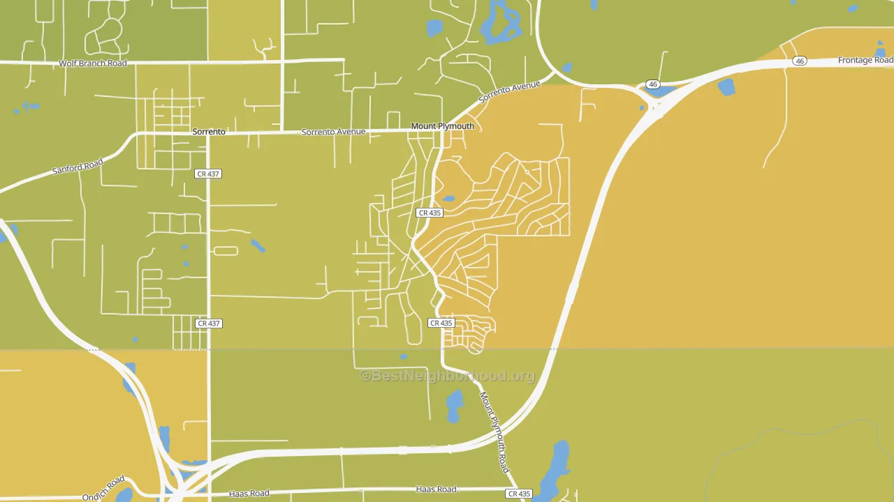 Map of the best neighborhoods in the Mount Plymouth area, with better matches in green and worse matches in red