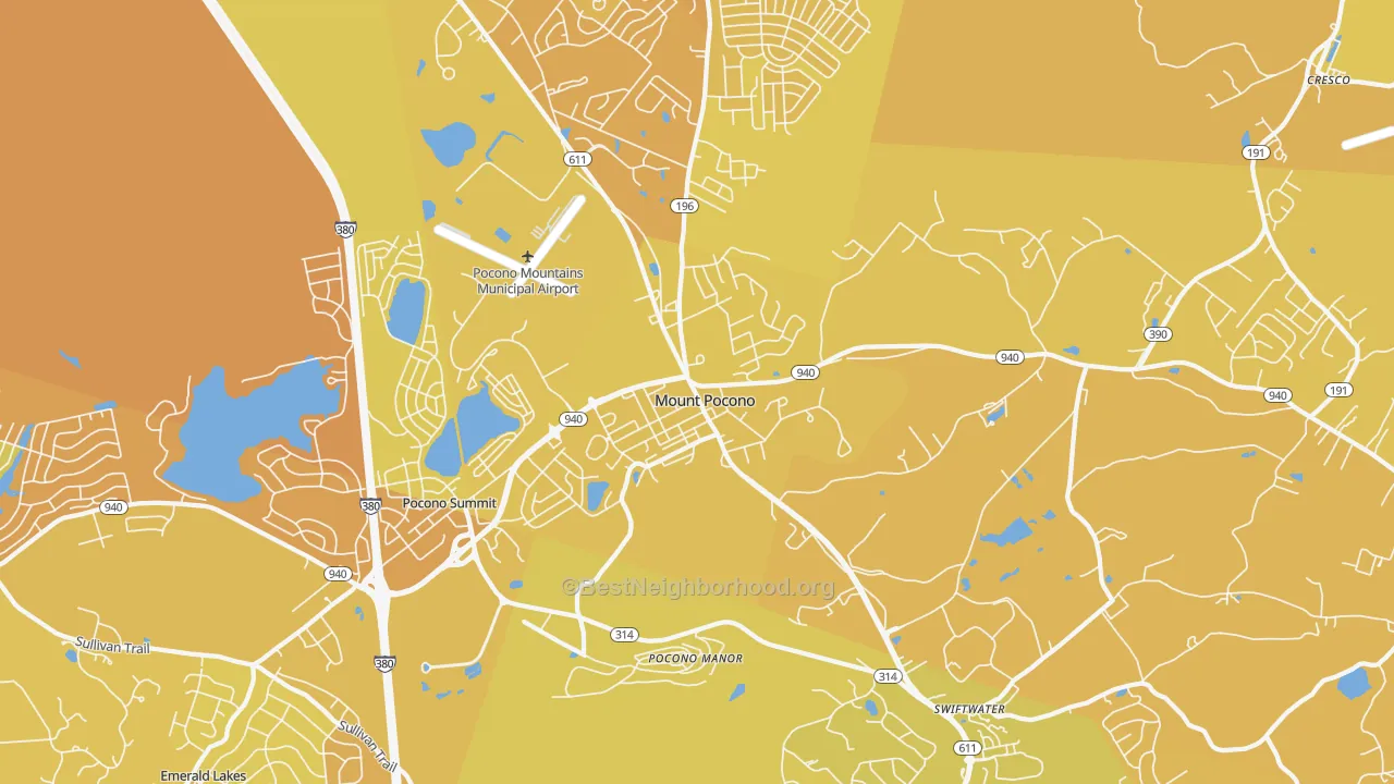 Map of the best neighborhoods in the Mount Pocono area, with better matches in green and worse matches in red